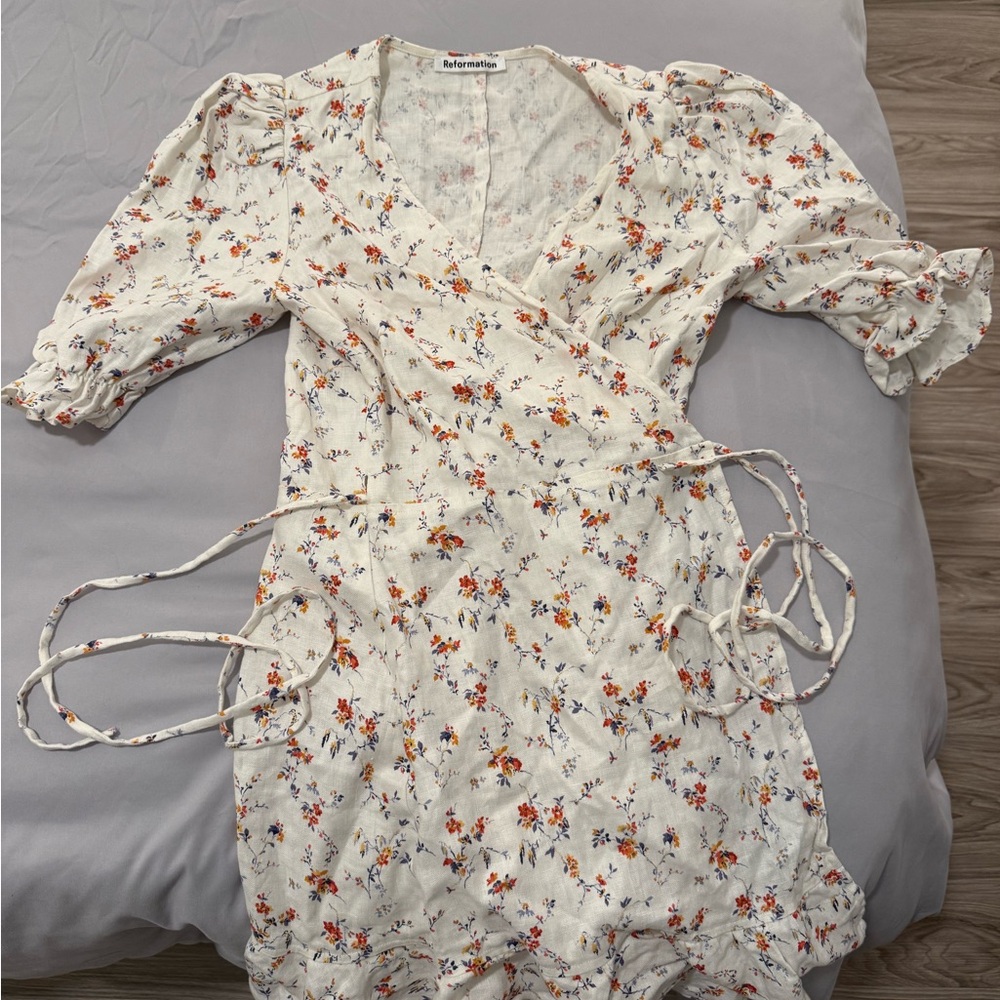 Reformation Cream Floral wrap dress
